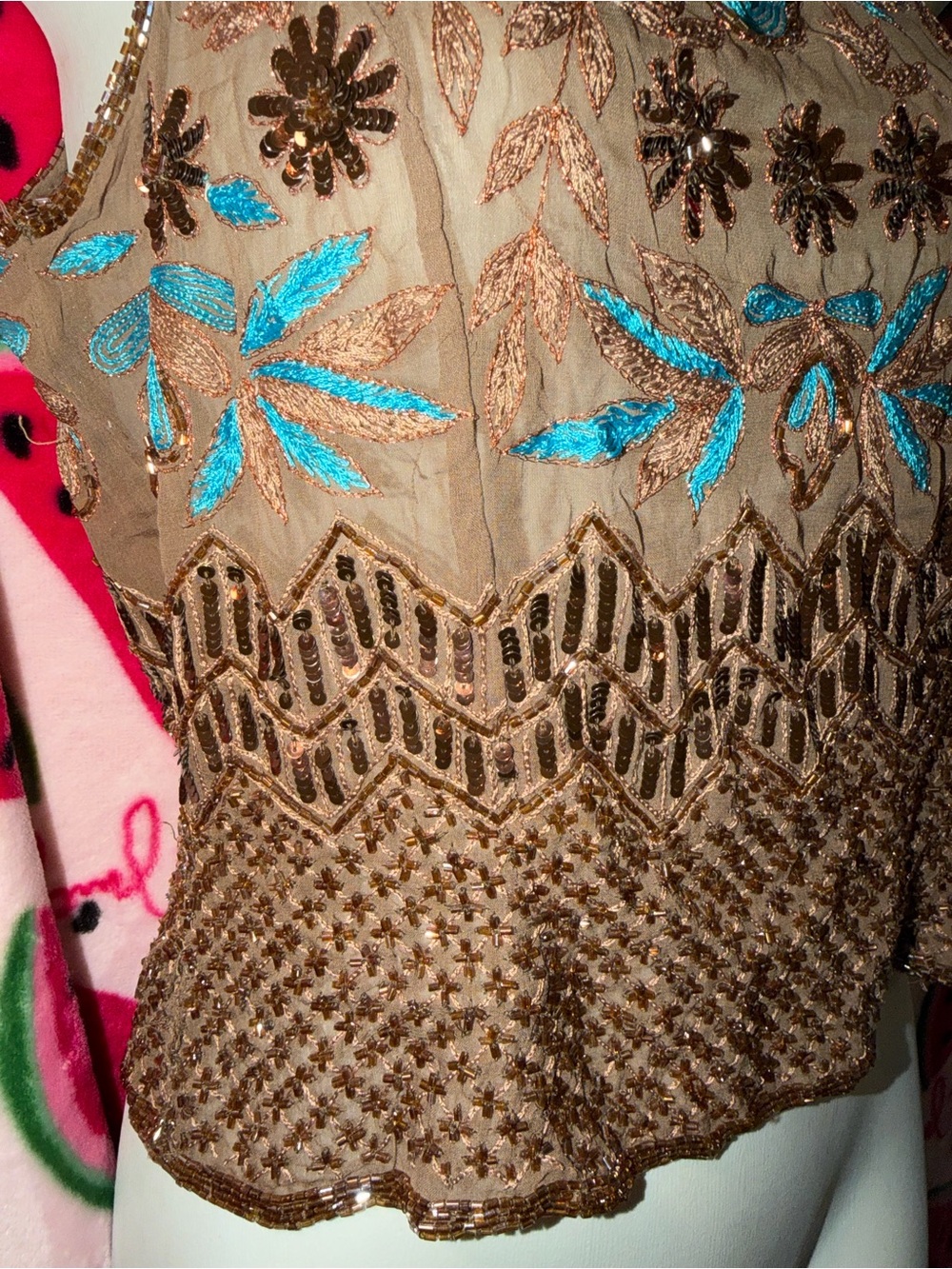 🤎🩵 Vintage Silk Beaded Embroidered Tank Top - Picture 4 of 9